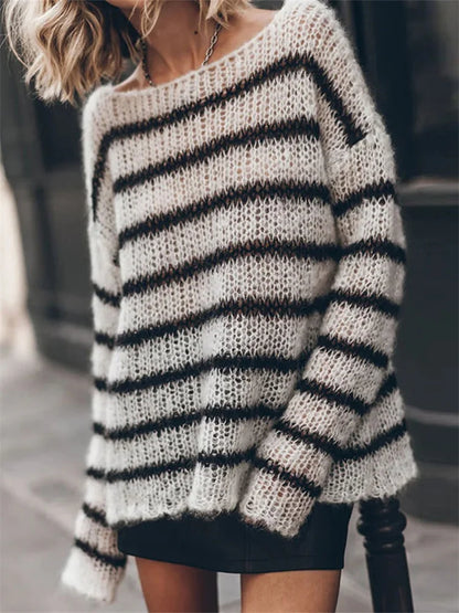 JuliaFashion - Loose Casual Knitted Striped Print Hollow-Out Long Sleeve Pullovers Fall Winter Backless Sweater