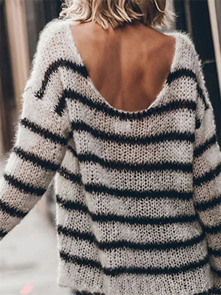 JuliaFashion - Loose Casual Knitted Striped Print Hollow-Out Long Sleeve Pullovers Fall Winter Backless Sweater