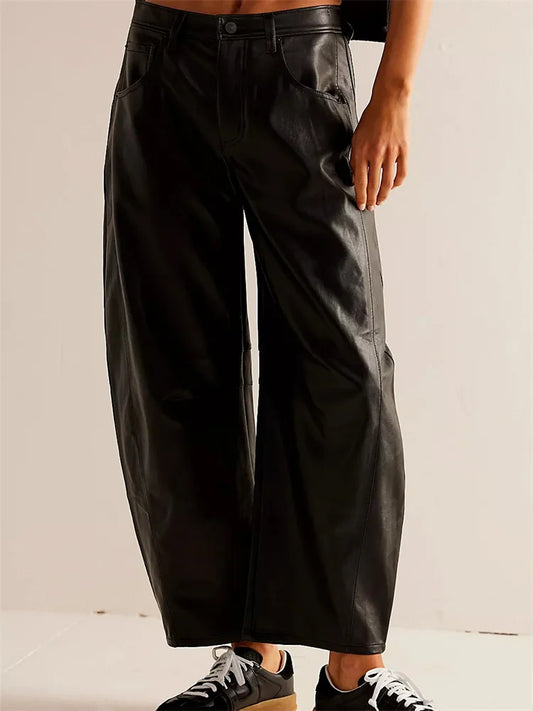 Loose PU Leather Wide Leg with Pockets Pants