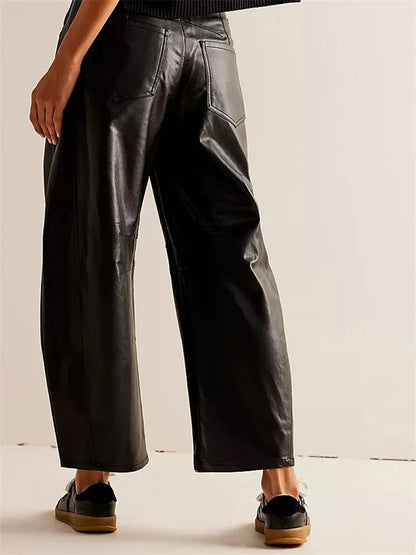JuliaFashion - Loose PU Leather Wide Leg with Pockets Pants