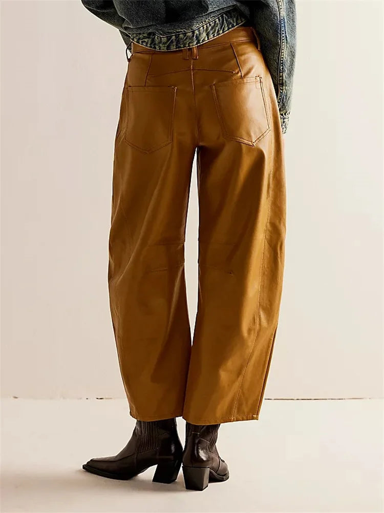 JuliaFashion - Loose PU Leather Wide Leg with Pockets Pants