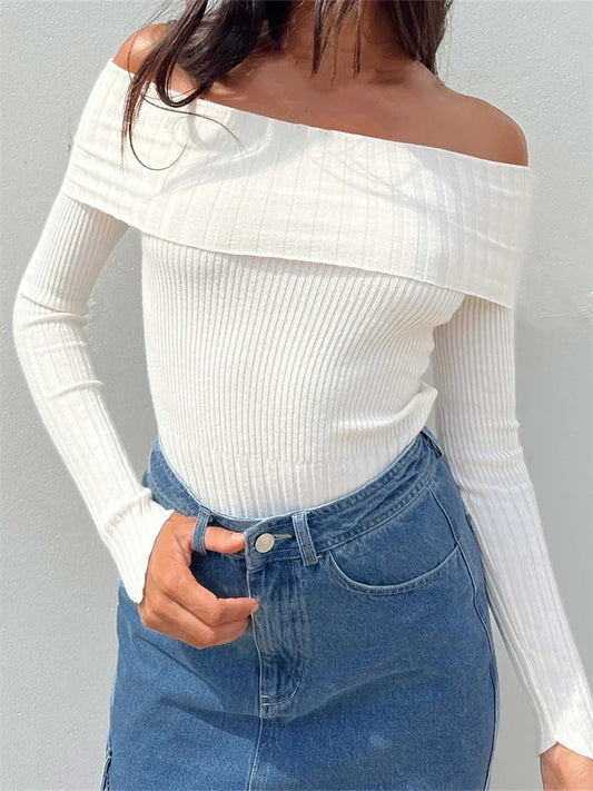JuliaFashion - Off-shoulder Pullovers Casual Solid Asymmetrical Hem Knitted Long Sleeve Club Sweater