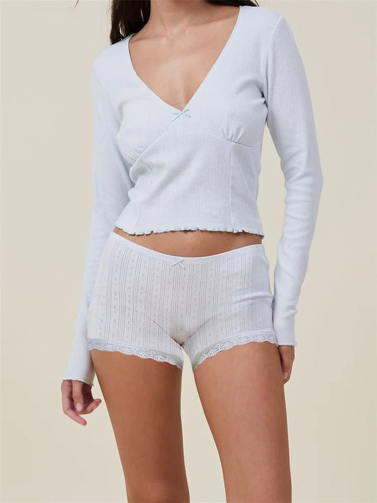 JuliaFashion - Pajama Loungewear Solid Long Sleeve V-Neck T-shirts  Lace Shorts Suits