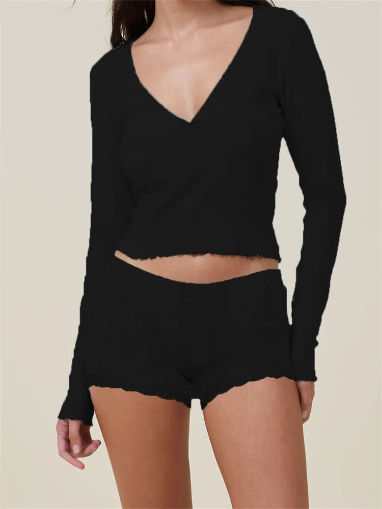 JuliaFashion - Pajama Loungewear Solid Long Sleeve V-Neck T-shirts  Lace Shorts Suits