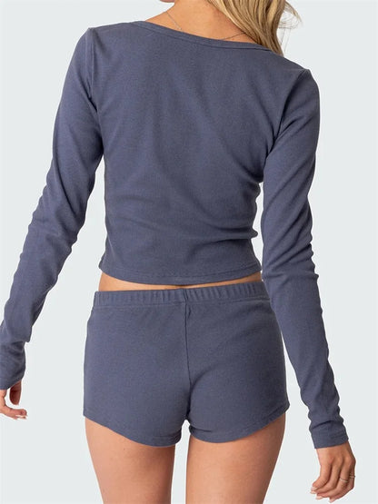 JuliaFashion - Solid Ribbed V-Neck Shorts Sleepwear Suits