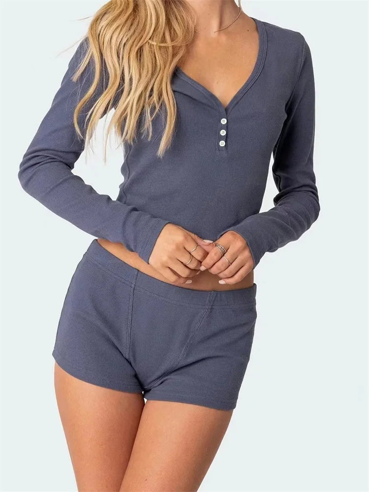 JuliaFashion - Solid Ribbed V-Neck Shorts Sleepwear Suits