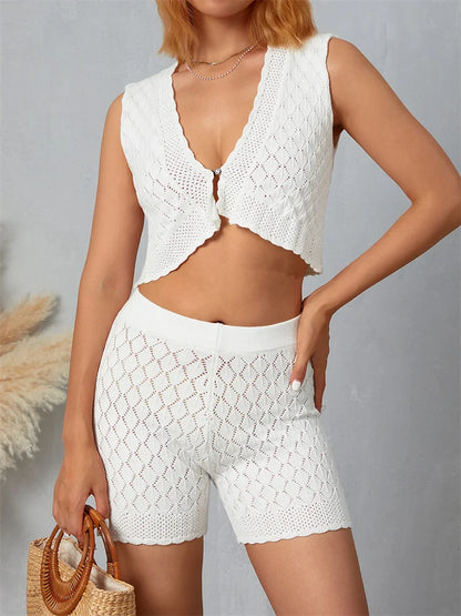JuliaFashion - Ruched Knitted Sleeveless V-neck Tops High Waist Shorts Suits