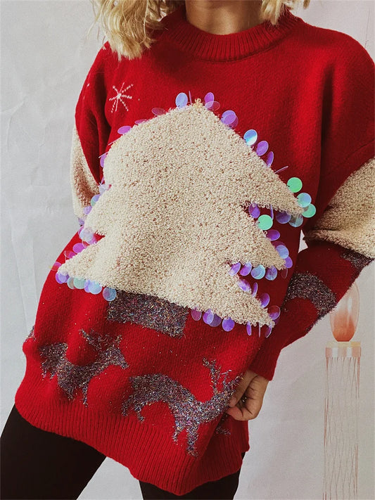 JuliaFashion - Sequined Christmas Long Sleeve Round Neck Christmas Tree Pattern Pullovers Holiday Knitwear Pullovers Sweater
