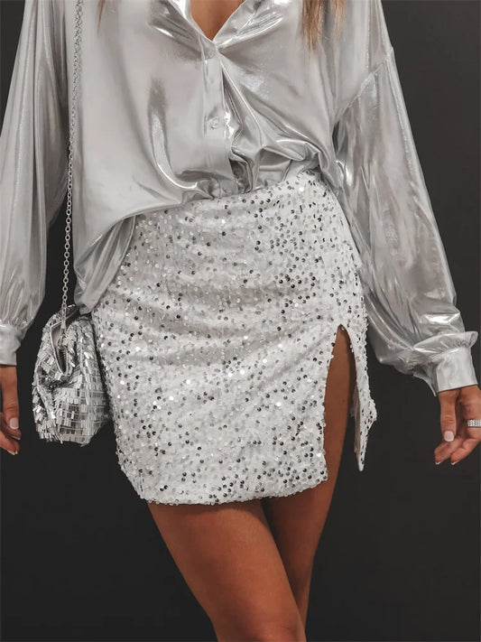 Sequined Side Split Sparkle Bodycon Short Mini Shiny Glitter Nightwear Party Clubwear Skirts