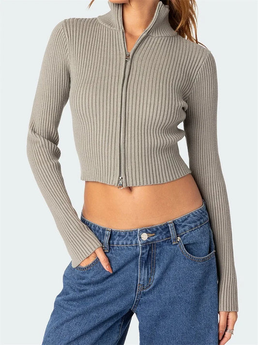 Slim Cropped Knitted Solid Zip-Up Long Sleeve Cardigan Spring Fall Stand Collar Clubwear Sweater