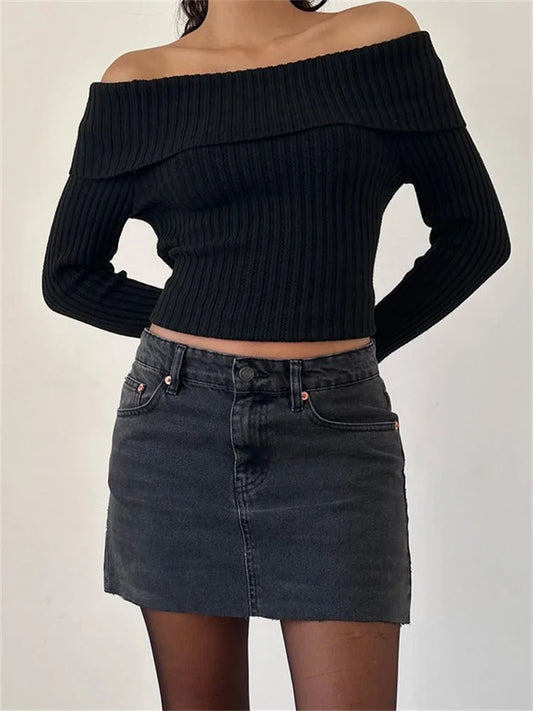 Slim Knitted Solid Slash Neck Long Sleeve Pullovers Autumn Winter Off Shoulder Sweater