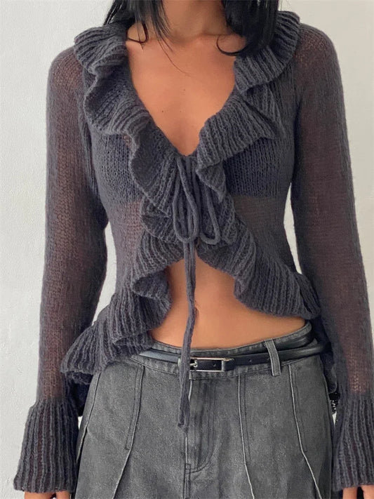 JuliaFashion - Solid Color Cropped Cardigan Long Sleeve V Neck Front Tie-up Knitted Ruffle Clubwear Sweater