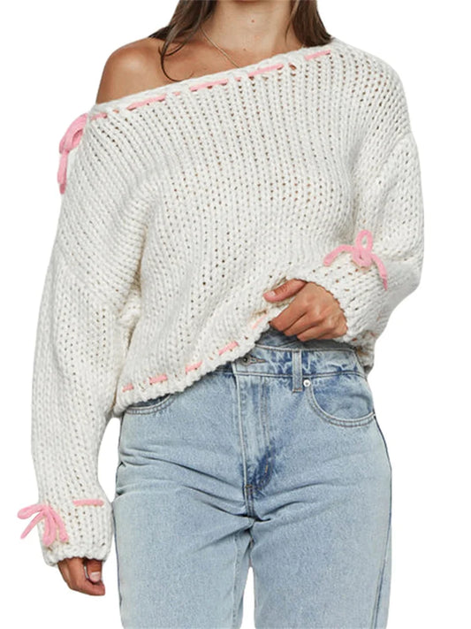 JuliaFashion - Spring Autumn Knitted Long Sleeve Drawstring Loose Casual Pullovers Knitwear Off Shoulder Sweater