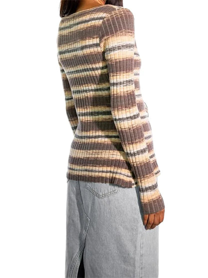 JuliaFashion - Spring Fall Knitted Ribbed Cardigan Long Sleeve Front Tie-up Slim Knitwear V-neck Striped Sweater