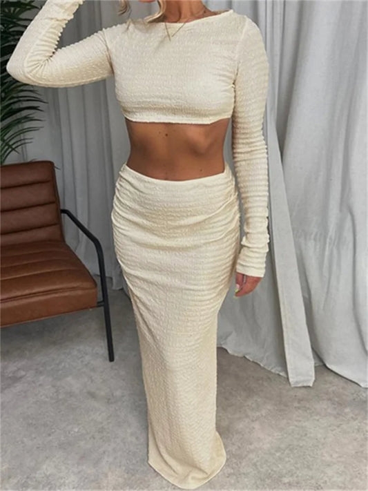 Spring Fall Ruched Skirt Solid Cropped T-shirts High Waist Long Skirts Suits