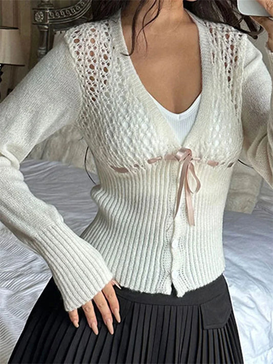 JuliaFashion - Spring Slim Knitted Cardigan Front Tie-up Bow V-Neck Long Sleeve Hollow Out Knitwear Sweater