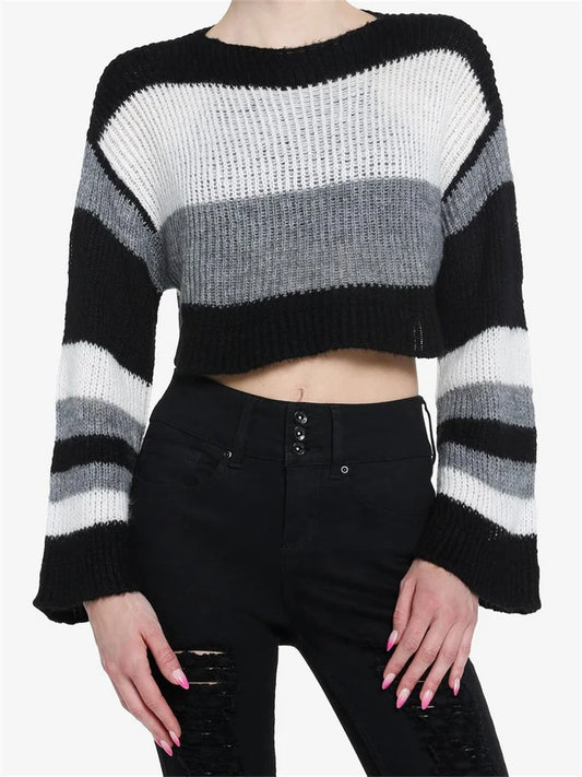 Striped Grunge Loose Fit Round Neck Long Sleeve Knitted Crochet Pullovers Sweater