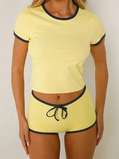 JuliaFashion - Summer Short Sleeve Slim Fit T-Shirts Low Waist Shorts Suits