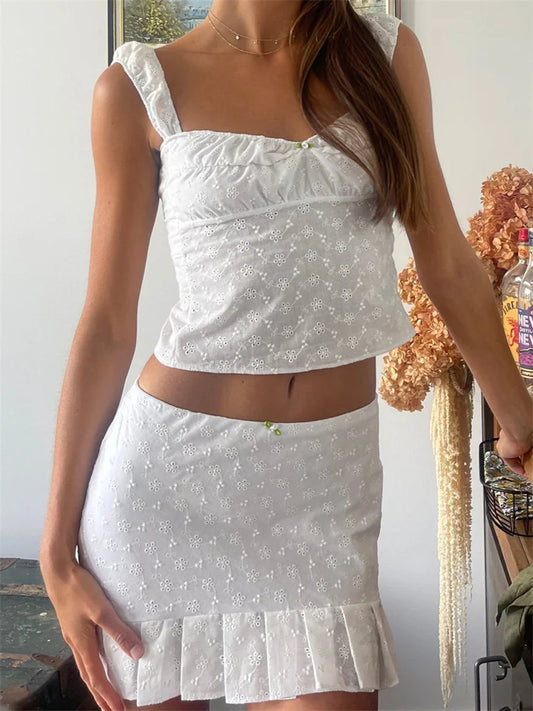 JuliaFashion - Y2K Lace Strap Backless Tie-up Camis High Waist Skirts Suits