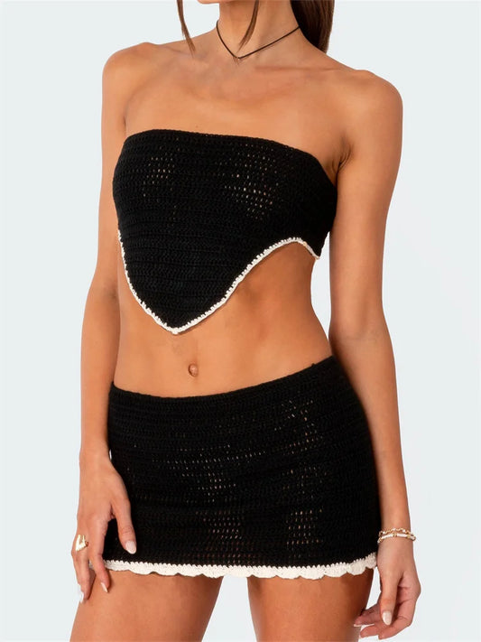 JuliaFashion - Off Shoulder Y2K Strapless Tube Tops Knitted Skirts Suits