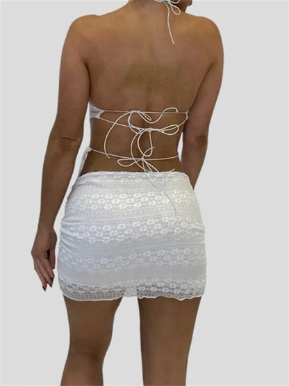 JuliaFashion - Halter Lace-up Backless Off Shoulder Camis Low Waist Skirts Suits