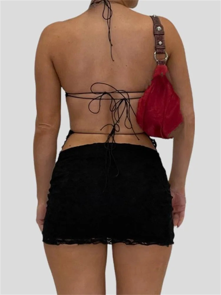 JuliaFashion - Halter Lace-up Backless Off Shoulder Camis Low Waist Skirts Suits
