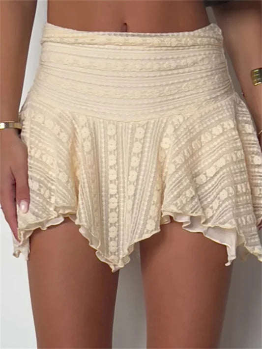Y2K Short Mini A-Line Casual High Waist Lace Floral Asymmetrical Hem Summer Party Clubwear Skirts