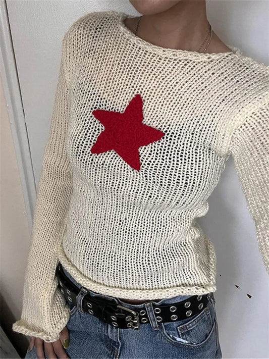 JuliaFashion - y2k Star Pattern Long Sleeve Knitted Spring Autumn Slim Fit Pullovers Sweater