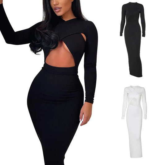 JuliaFashion - Cut Out Long Sleeve Jumpsuit Women Sexy Bodycon Solid Fitness Athleisure Loungewear Outfits Criss Cross Overalls Hot Party Wear Dress