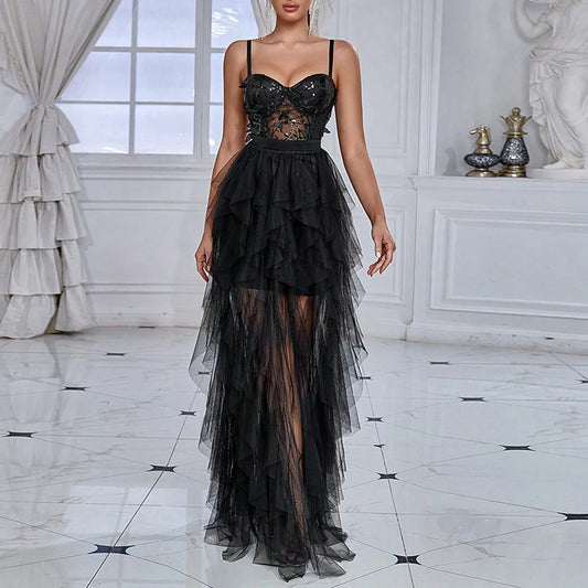 JuliaFashion - Elegant Evening 2024 New Sexy Net Yarn Slim Fit Sleeveless Spaghetti Strap Long Maxi Chic Lady Party Dress