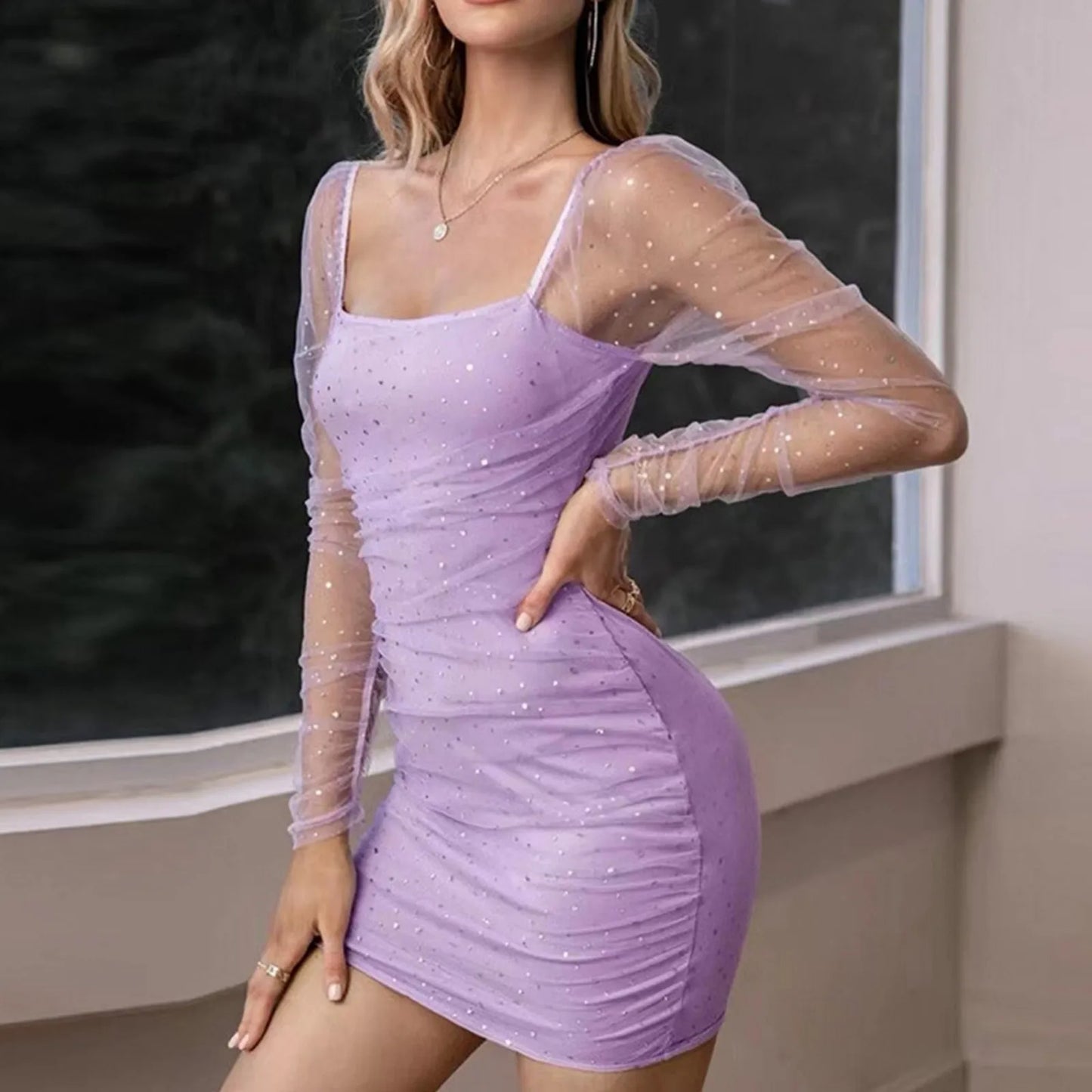 JuliaFashion - Elegant Sequin Mesh Mini Women Long Sleeve Pleated Fashion Square Collar Bodycon Evening Party Vestidos Dress
