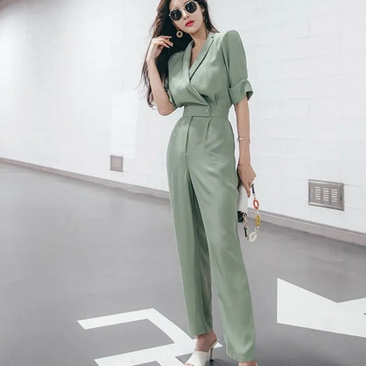Elegant Green V-Neck Office Lady Slim Fit Jumpsuits
