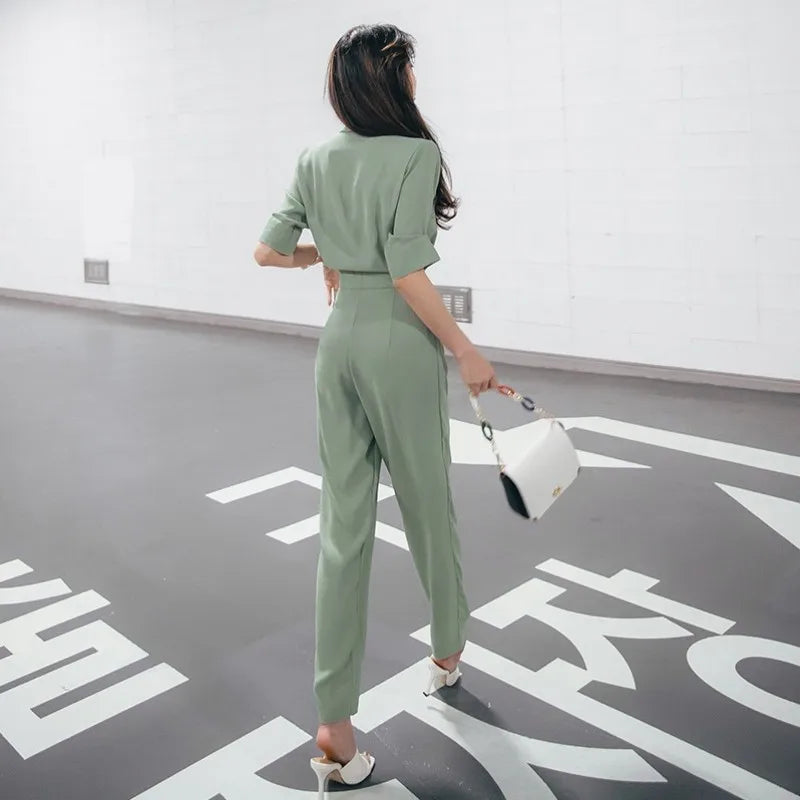 JuliaFashion - Elegant Green V-Neck Office Lady Slim Fit Jumpsuits