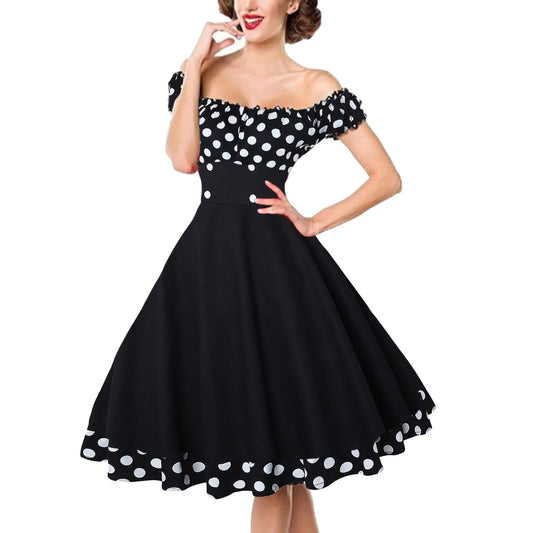 JuliaFashion - Elegant Vintage Hepburn Women Black Red Off Shoulder Sleeveless A-Line Female Retro Rockabilly 50s Polka Dot Dress