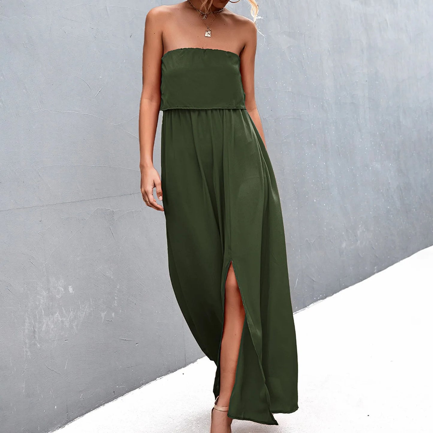 JuliaFashion - Elegant Women Bandeau Long 2024 Woman Summer Casual Sleeveless Tube Beach Solid Color Fashion Slit Loose Maxi Dress