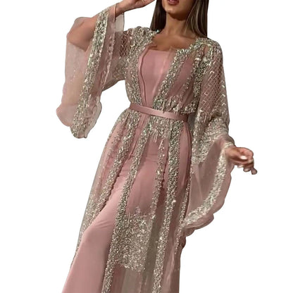 JuliaFashion - Elegant Glitter Ladies Luxury Hot Gold Skirt Shawl Banquet Evening Mesh Patchwork Split Vintage Party Dress