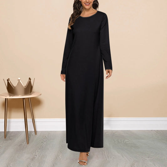 JuliaFashion - Elegant Long 2024 Casual Solid Color Loose Muslim Abaya Islamic Round Neck Long Sleeve Under Dress