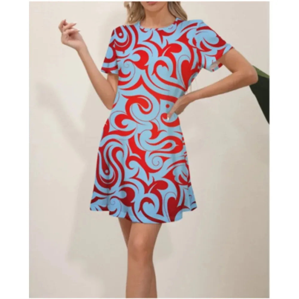 Julia Fashion - Slim Fit Short Sleeve Round Neck Flower Mini Dress