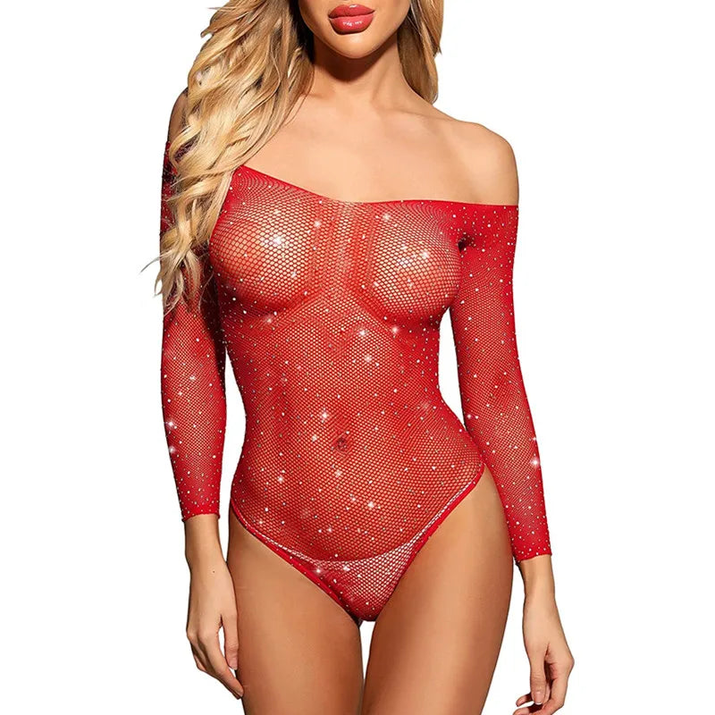 JuliaFashion - Sparkling Rhinestone Fishnet Bodysuit Erotic Sexy Lingeries