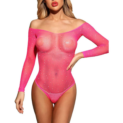 JuliaFashion - Sparkling Rhinestone Fishnet Bodysuit Erotic Sexy Lingeries