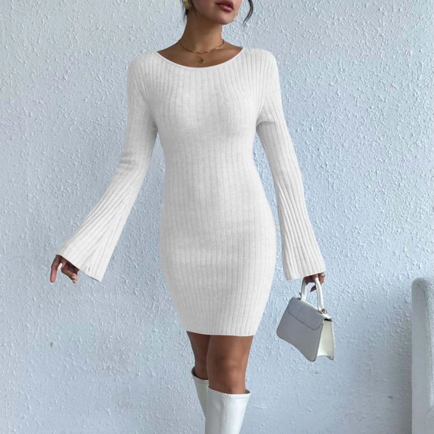 JuliaFashion - Fashion Solid Color Knitted Backless For Women Bell Sleeves Mini Sweater 2024 Elegant Casual Slim Fit Short Dress