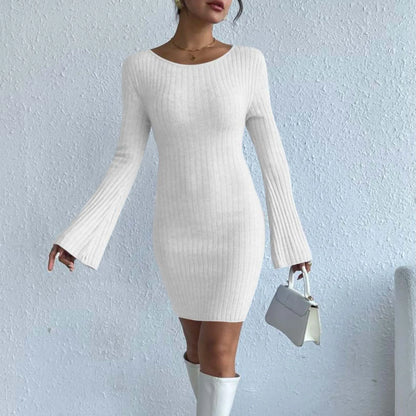 JuliaFashion - Fashion Solid Color Knitted Backless For Women Bell Sleeves Mini Sweater 2024 Elegant Casual Slim Fit Short Dress