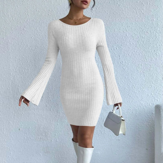 Fashion Solid Color Knitted Backless For Women Bell Sleeves Mini Sweater 2024 Elegant Casual Slim Fit Short Dress