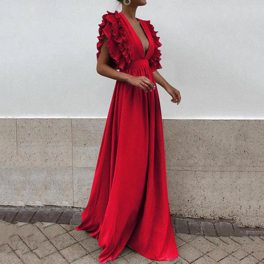 JuliaFashion - Formal Party Women Sexy Deep V-Neck Long Solid Color Elegant Flying Sleeves Backless Maxi Evening Robe Dress