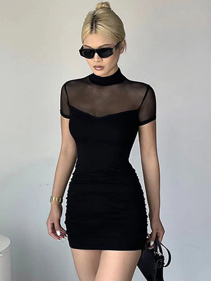 Julia Fashion - Goth Dark Mock Neck Bodycon Mesh Sheer Party Mini Dress