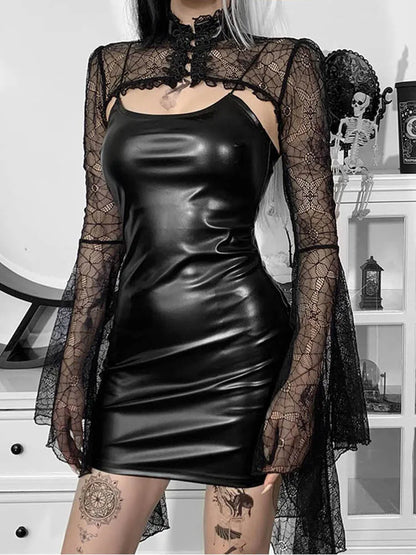 Julia Fashion - Flare Sleeve Crop Tops Backless Bodycon Mini Dress