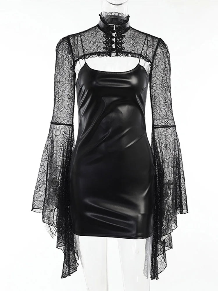 Julia Fashion - Flare Sleeve Crop Tops Backless Bodycon Mini Dress