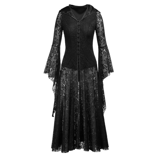 JuliaFashion - Gothic Vestidos Vintage Lace Medieval Retro Cosplay Lace Party Long Sleeve Costumes Black Sexy Hooded Dress