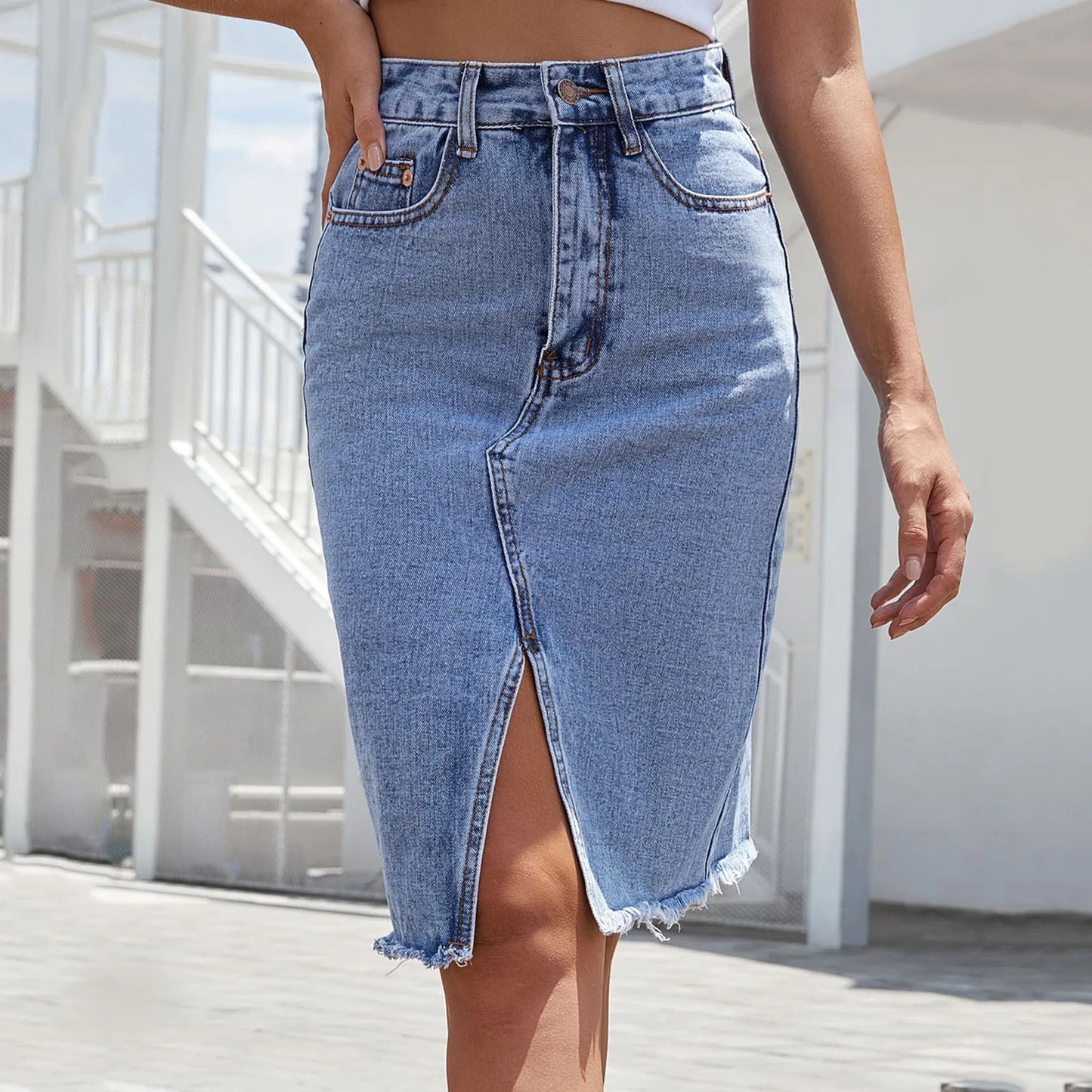 JuliaFashion - High Waist Summer Mid-Length Solid Color Bag Hip Split Denim Half-Length Irregular Skirt 2024 Spring New Irregular Jeans Skirt Dress