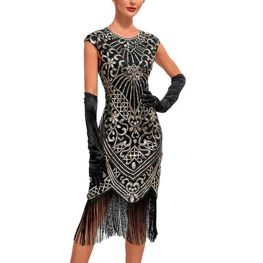 JuliaFashion - Knee Length Flapper Tassels Hem Sequined Great Gatsby Midi Dress